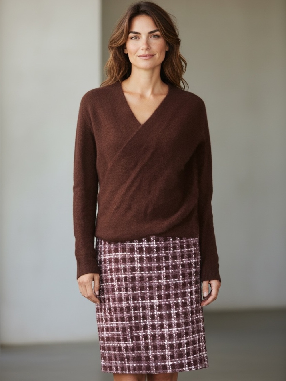 Brown V-Neck Wrap Sweater - Women